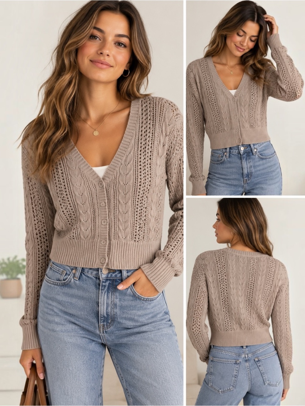 Hollister Womens S Cropped Cable Knit Cardigan Taupe Beige NWT Y2K